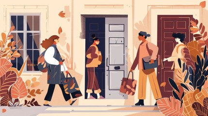 Entrance of a house, a house entry or exit. Modern flat illustration of happy characters opening the door, locking it with a key, taking out trash, leaving the apartment, returning home after buying