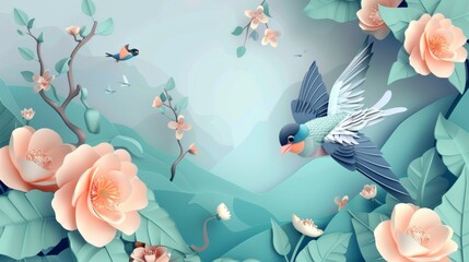 In a paper art style, swallows and flowers are displayed on a decorative background