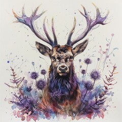 Watercolor and ink drawing of a majestic stag among thistle flowers, artistically set on white