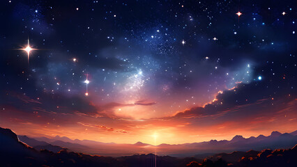 Mountain landscape with stars and nebula at sunrise