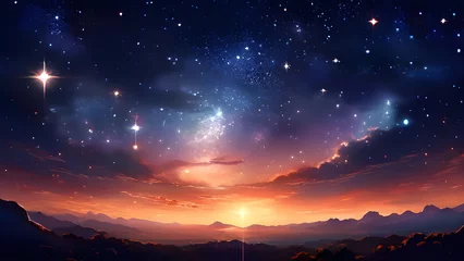 Poster Mountain landscape with stars and nebula at sunrise © Эля Эля