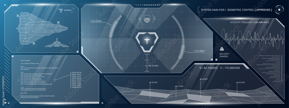 Poster vr hud futuristic cyberspace control panel. technology head up display target and command center ui 