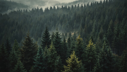 an image of a foggy forest from above. The trees are mostly green, and the fog is white. - obrazy, fototapety, plakaty