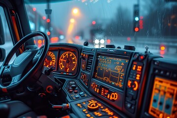 An intricately detailed dashboard of a semi-truck, with an array of gauges, switches, and screens,...