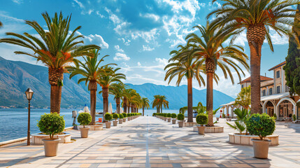 Fototapeta na wymiar Beautiful promenade with palms in sea port 