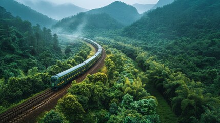 Green mountain landscape with passing train in misty valley - obrazy, fototapety, plakaty