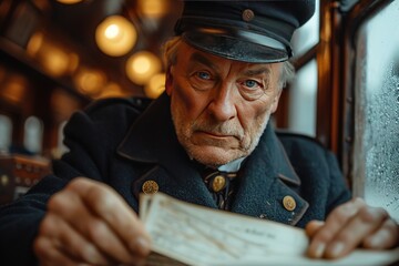 An old-fashioned ticket conductor in a vintage uniform punching tickets for passengers in a historic railcar - obrazy, fototapety, plakaty