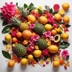 Vibrant display of fresh fruits, blooming flowers creates visually stunning composition. Pineapples, with their intricate patterns, lush green crowns.