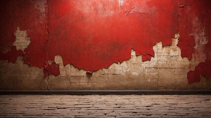 Vivid red wall, peeling, revealing underlying layer of beige bricks, serves as backdrop in this image. Paint chipped, flaking. - obrazy, fototapety, plakaty