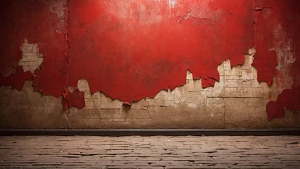 Fotobehang Vivid red wall, peeling, revealing underlying layer of beige bricks, serves as backdrop in this image. Paint chipped, flaking. © Tamazina