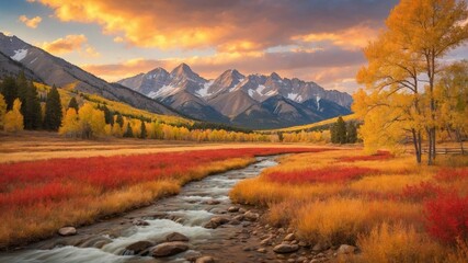 Serene, picturesque landscape unfolds, where gentle stream flows gracefully through valley adorned with vibrant hues of autumn. Golden leaves of tall trees sway gently in breeze.