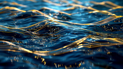 A rich canvas of sapphire blue provides the background for golden plexus lines  - obrazy, fototapety, plakaty