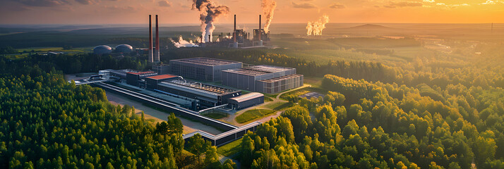a high-tech data center surrounded by beautiful forestry, in the background a coal plant with polluting chimneys