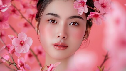 Portrait beauty Asian young woman model with sakura flower pink background. AI generated image