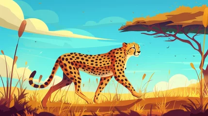 Fototapete African wild cat with spotted fur savannah cheetah walking. Modern cartoon illustration of safari park setting with a gepard watching and walking. © Mark