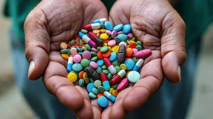 Hands holding a variety of colorful pills and capsules. Copy space. Generative AI