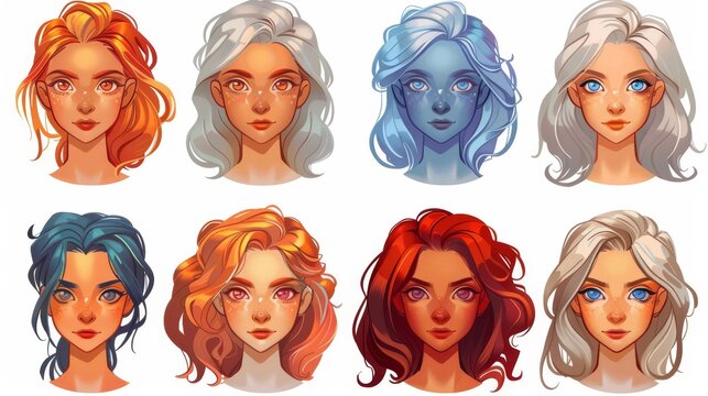 Modern illustration of beautiful girls faces with blond, blue, and red hairstyles. Modern cartoon illustration of fashion ladies avatars.