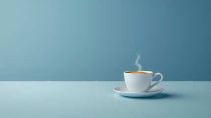 A macro view captures the essence of a fresh cup of coffee, steam curling upwards in a minimalist setting. Ample negative space surrounds, a sense of tranquility and inviting focus on simple pleasure