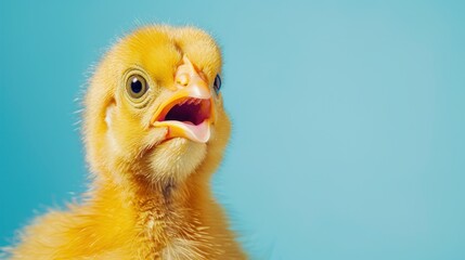 Fototapeta premium Realistic yellow Baby chicken cute surprised face on blue background. AI generated image