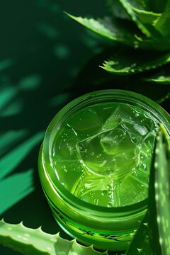 Cool relief for sun-kissed skin, A jar of soothing aloe vera gel, its fresh contents glistening, rests amidst a calming backdrop of green plants. a natural solution for after-sun care