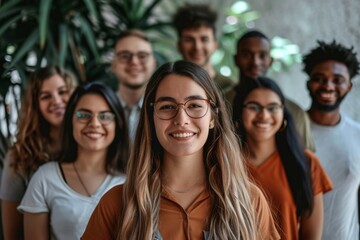 Portrait of smiling multiethnic group of young people standing together in office