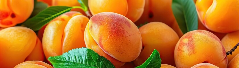 Closeup of ripe apricots with a velvety skin and vibrant orange hue, accompanied by fresh green...