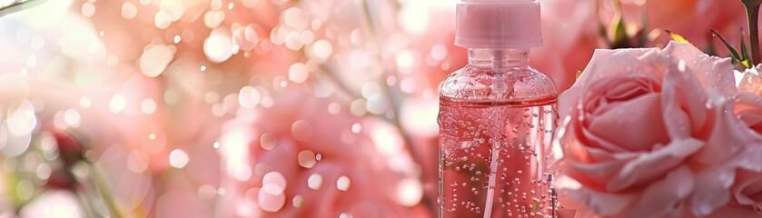 Closeup of a spray bottle of refreshing rose water mist with droplets visible on the surface, set against a soft, blurred background of summer blooms, ideal for hydrating skincare promos - obrazy, fototapety, plakaty