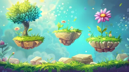 An animated game background with fantasy floating islands and magic flowers in the sky. A summer landscape background with green grass and fantastic alien trees in the sky. Modern cartoon