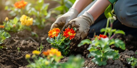 A person is planting flowers in a garden
