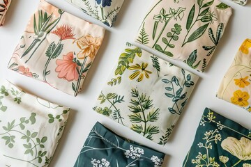 Illustration of reusable fabric pouches in various sizes, featuring botanical prints and ecofriendly dyes, ideal for zerowaste stores and organic markets