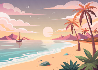 Fototapeta na wymiar Dawn on the background of a summer beach vector illustration