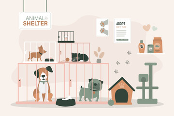 Animal shelter interior with various pets sitting in cages and waiting for adoption. Banner for charity and donation, volunteering help for pets shelter. Animal care,