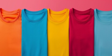 A row of brightly colored shirts are displayed on a pink background