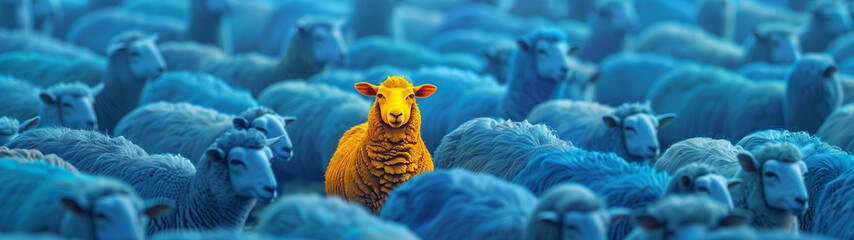 A vibrant yellow sheep stands out in a crowd of identical blue sheep, symbolizing individuality, uniqueness, and the courage to be different, created with generative AI technology