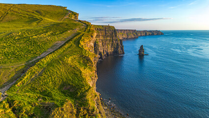Aerial landscape cliffs of Moher at sunset in County Clare. Ireland