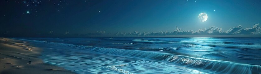Fototapeta premium Artistic rendering of a serene beach under a moonlit sky, where the ocean merges seamlessly with the horizon, suitable for calming meditation apps and relaxationthemed visuals