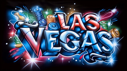 LAS VEGAS - graffiti inscription with chrome effect. Spray painted tag, street art design. Wallpaper and background resource.