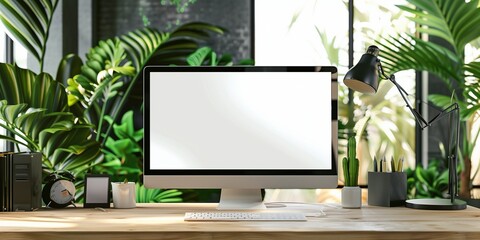 A computer monitor sits on a desk in front of a window with green plants