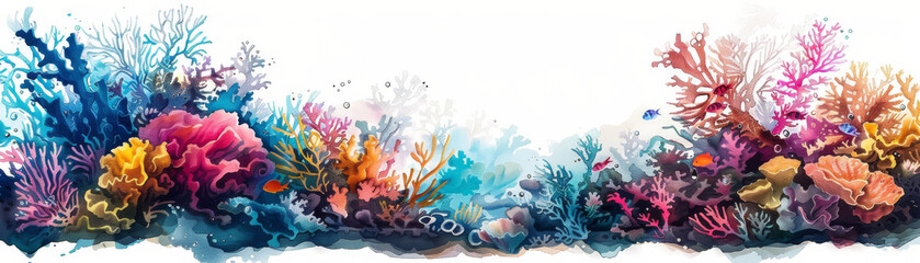 A watercolor painting of a coral reef with many different types of fish.