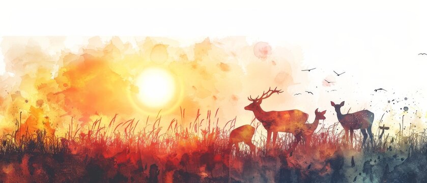 A watercolor painting of a deer family in a field at sunset.