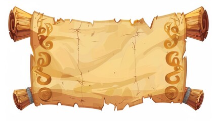 The papyrus scroll with ancient parchment texture, the royal banner on the scroll, and the paper parchment with old texture are isolated on the white background. They are game assets, maps, scrolls,