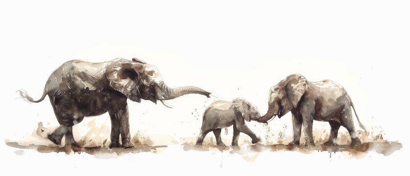 A watercolor painting of a family of elephants walking in the savanna.