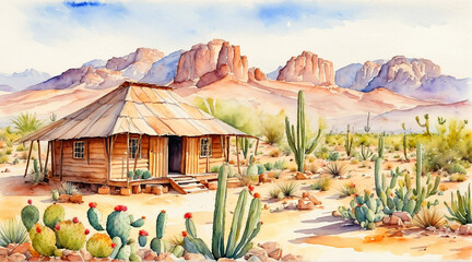 Wooden hut in the desert valley surrounded by cactus, watercolor painting style, generative AI.