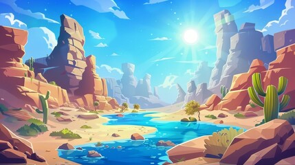 Stunning desert landscape with a blue river rushing through an endless sandy valley with rocks and cacti under a blazing sun glowing in blue sky. Illustration for a cartoon adventure game. - obrazy, fototapety, plakaty