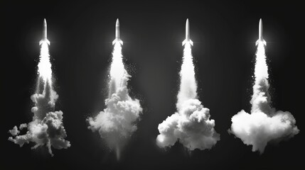 Set of realistic smoke clouds after quick starting, jumping or rocket launch. Foggy trail modern illustration isolated on transparent background. - obrazy, fototapety, plakaty