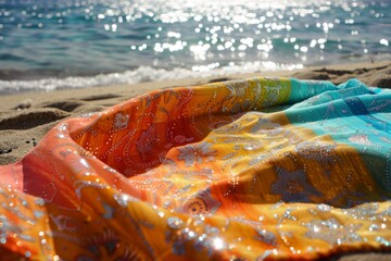 The vibrant pattern of a beach towel, spread out on the sand, with a glimpse of the sparkling ocean