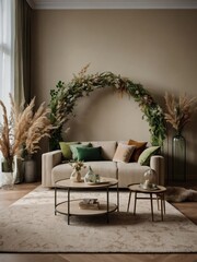 Contemporary Elegance, Beige Wall in Living Room with Modern Furniture and a Green Arch adorned with Fashionable Dried Flowers