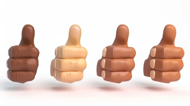 Various hand gestures of thumbs up and down isolated on a white background. Illustration of approval and disapproval, likes and dislikes, palms with contrasting skin tones. Web. 3D Illustration.