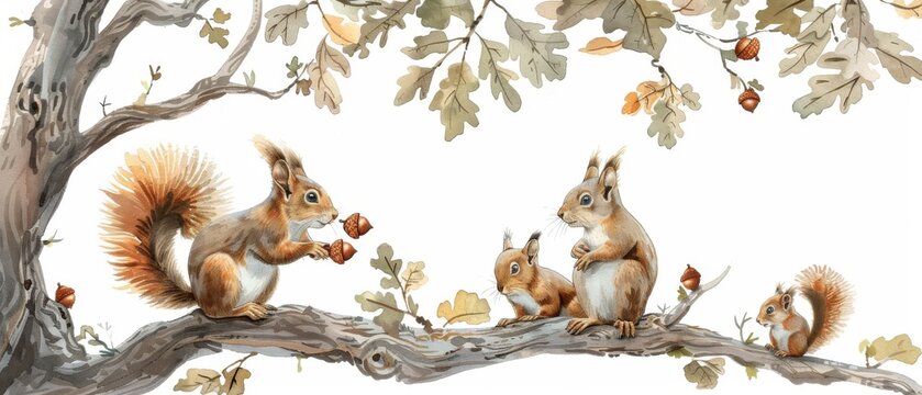 A watercolor painting of a family of squirrels on a branch. The squirrels are eating acorns.