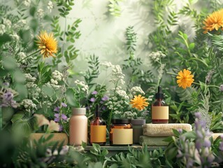 A health and wellness products against a backdrop of fresh botanicals.
